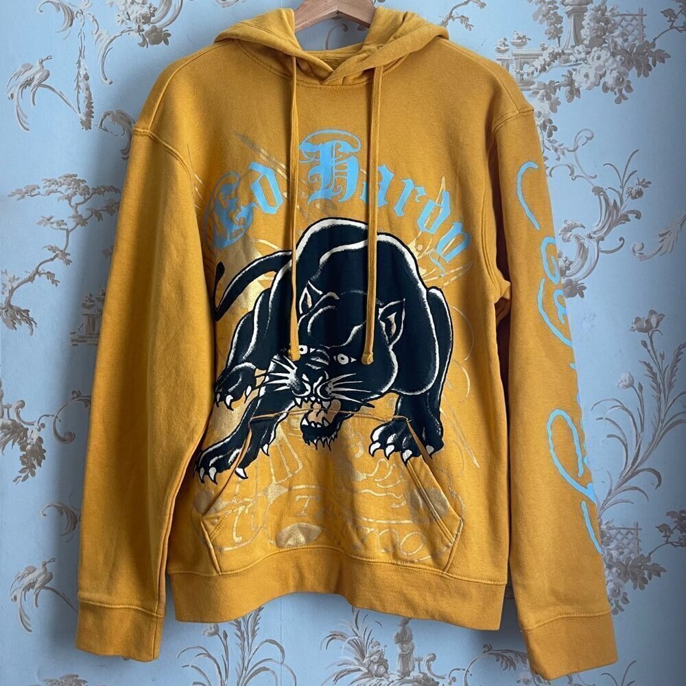 Ed Hardy Mens Hoodie Sweatshirt Size S Gold Streetwear Art To Wear Graphic Logo